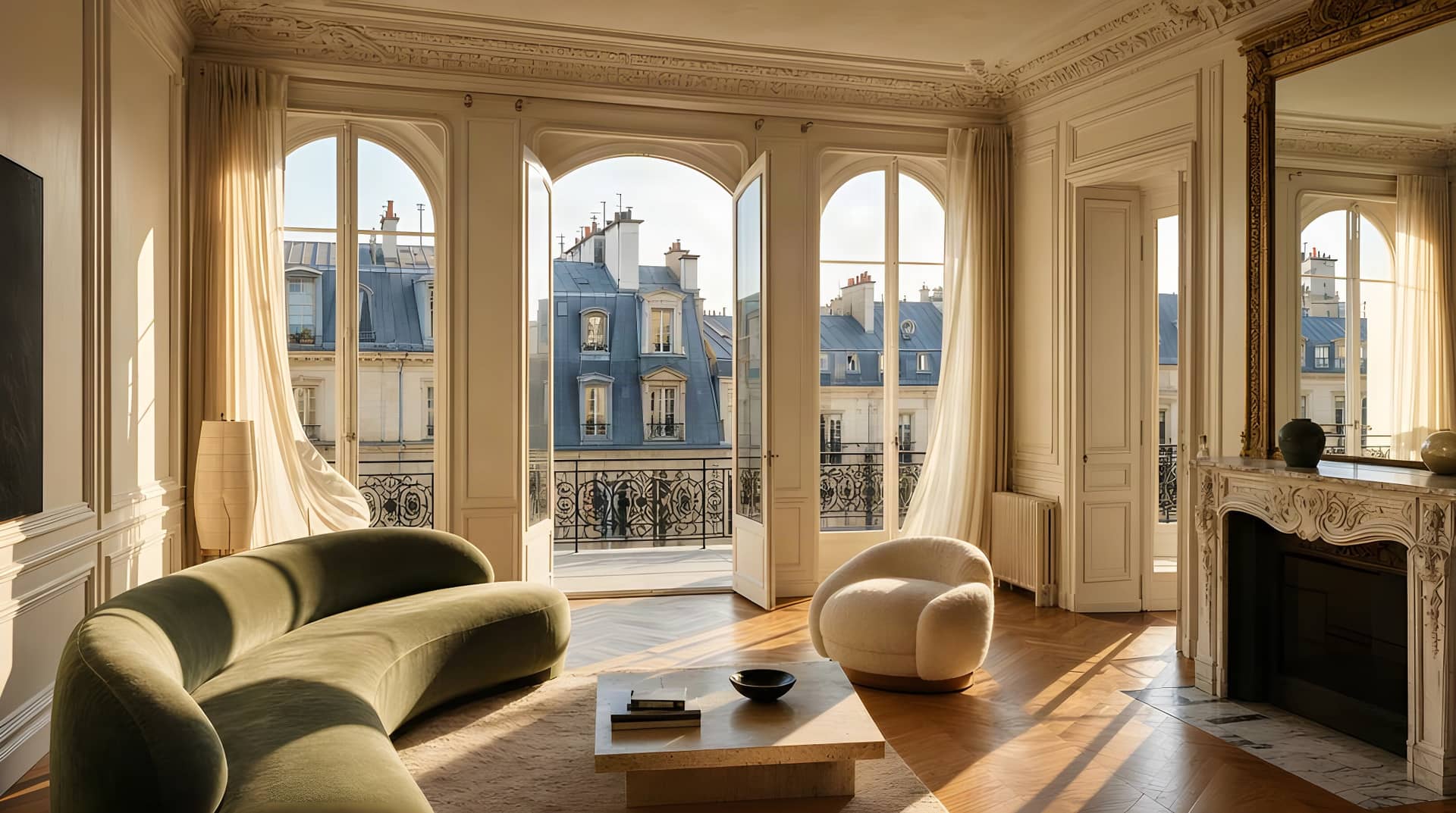 Salon d’étage noble haussmannien : moulures, cheminée en marbre et parquet en point de Hongrie