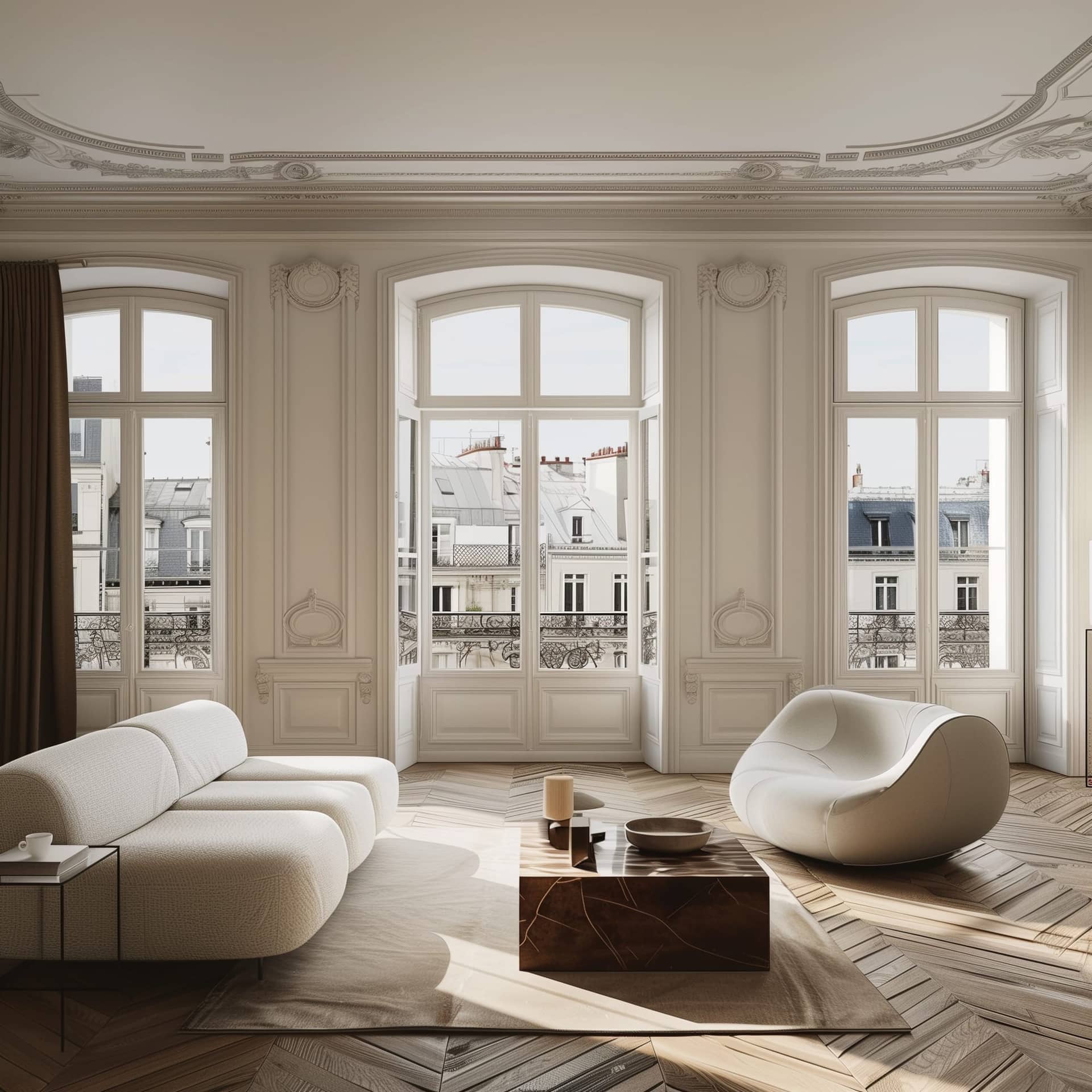 Salon haussmannien : trois portes-fenêtres, moulures et parquet en point de Hongrie