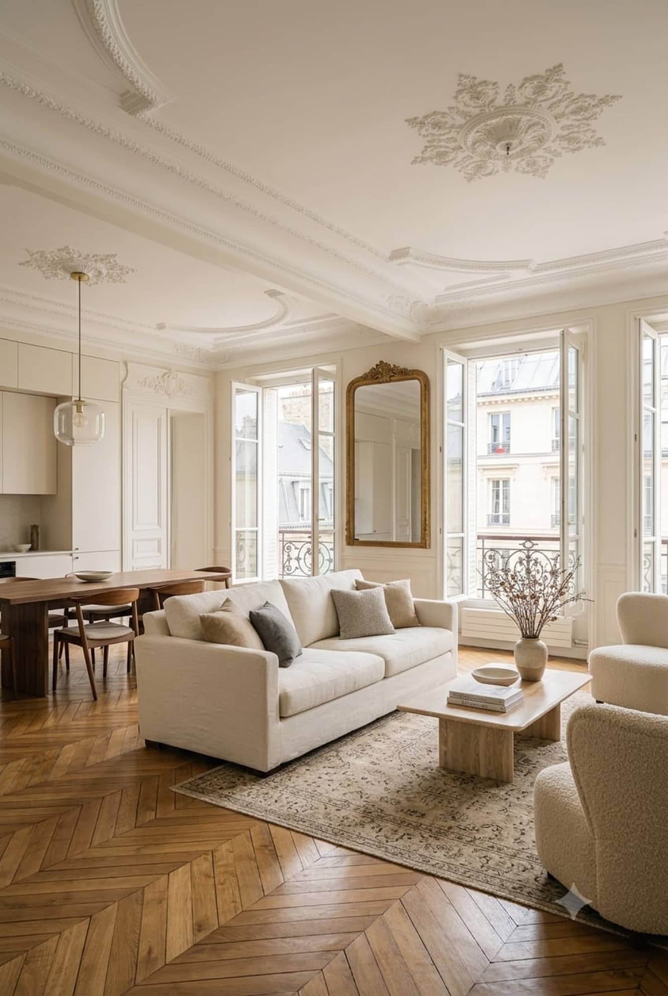 Séjour d'un appartement ancien meublé, moulures conservées et cuisine ouverte au fond