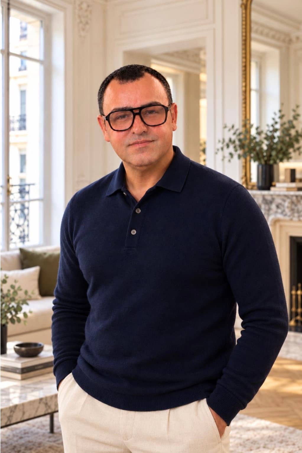 Portrait d'Ilann Atlan, fondateur d'HÉRITAGE BÂTI et président d'IA RENOV, dans un salon haussmannien rénové
