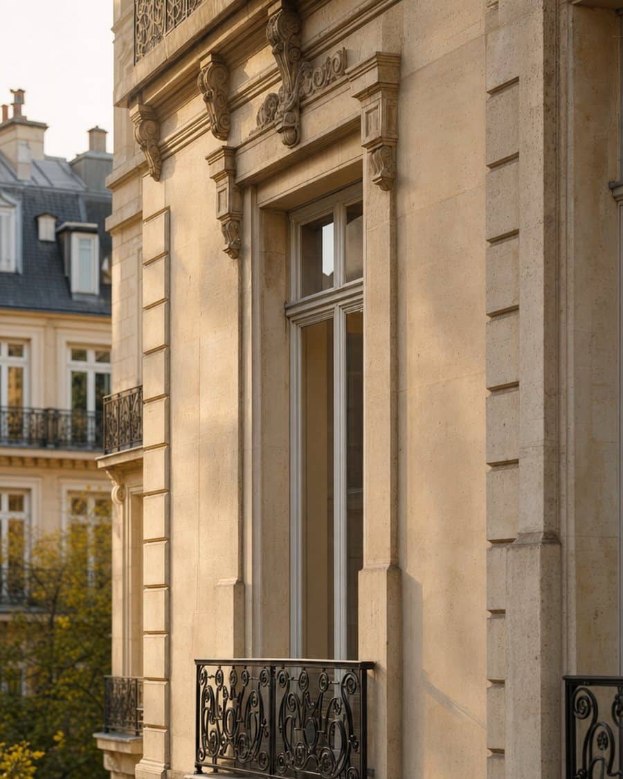 Façade haussmannienne en pierre de taille à refends, balcon en fer forgé et haute fenêtre