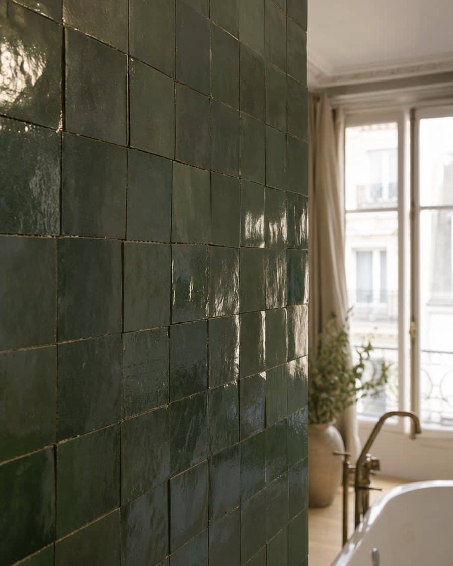 Zellige vert émaillé posé au mur d’une salle de bains, surfaces irrégulières qui accrochent la lumière